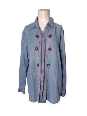 Vintage Casey & Max Cotton Denim Embroidered Shirt M Button Up Floral Cottage